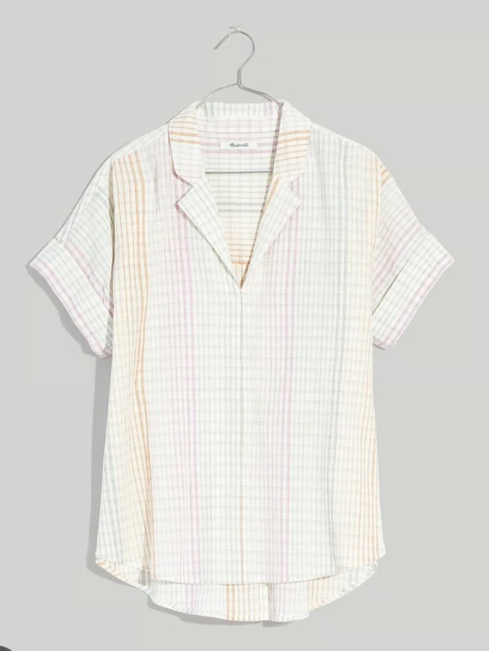 Madewell Pastel Rainbow Plaid Popover Short-Sleeved Shirt Size Small